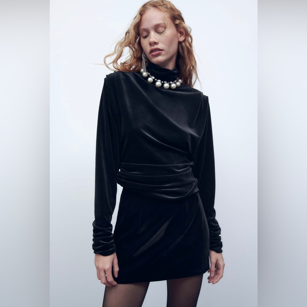 NWT ZARA draped black velvet top turtleneck long sleeve  size S whimsigoth